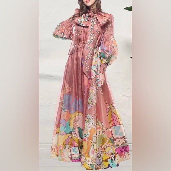 Lena Vie Boho Full Mauve Bow Collar Shift Maxi Dress With Lantern Sleeves - Picture 6 of 6